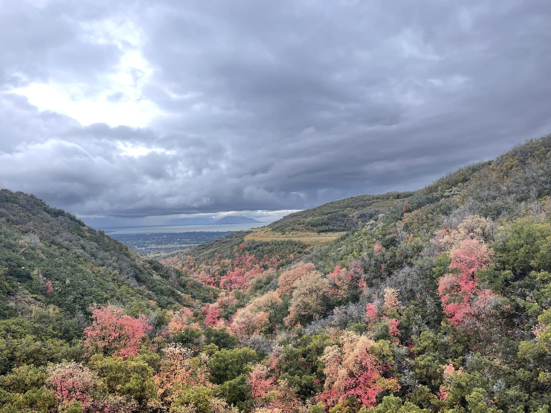 A wide autumn valley opening out under low clouds