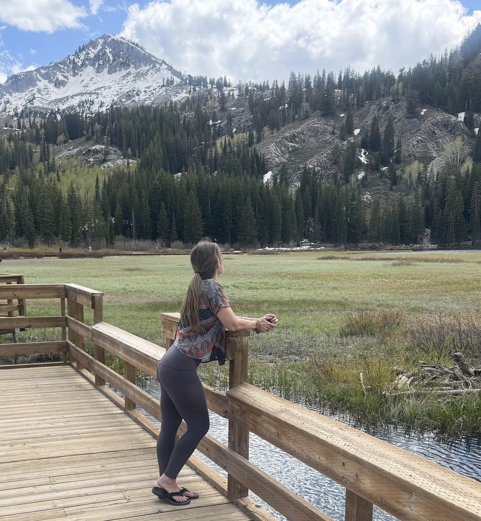 Rachel leaning on a mountain boardwalk rail, looking out at snowy peaks in bright light