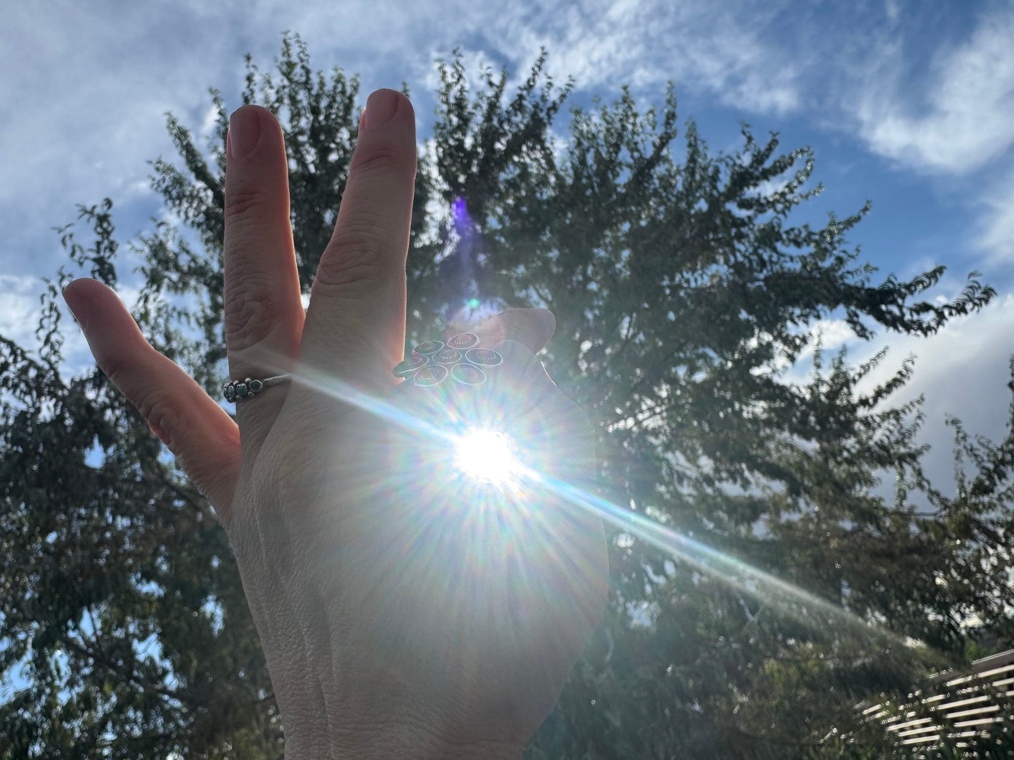 The sun breaking into rays of colored light through Rachel's raised hand beneath a tree