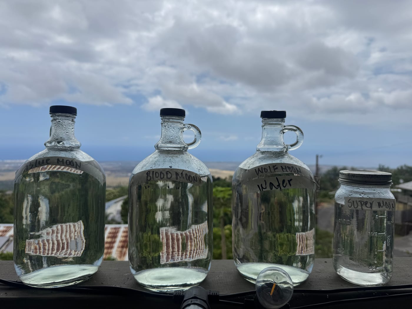 Glass jugs of moon water lined up on a rail above a valley